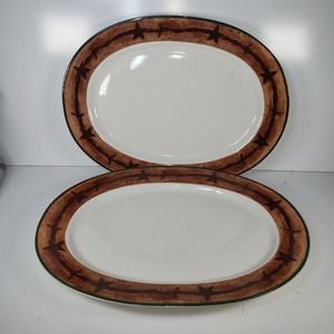 Set Of 2 Western Moments 14" Serving Platters Barbed Wire Stars Brown Rim Oval